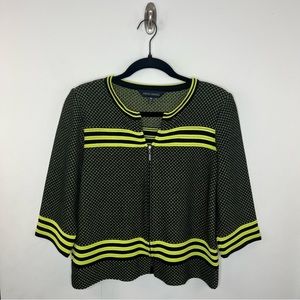 Ming Wang Neon Lime Green and Black Textured Knit 3/4 Sleeve Zip Front Jacket MP